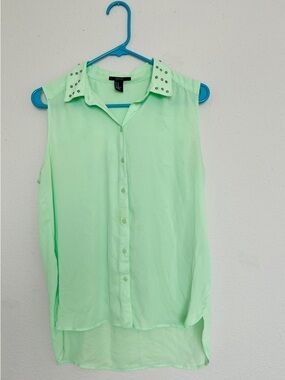 Forever 21 Mint Green Sleeveless Stud-Collar Blouse
